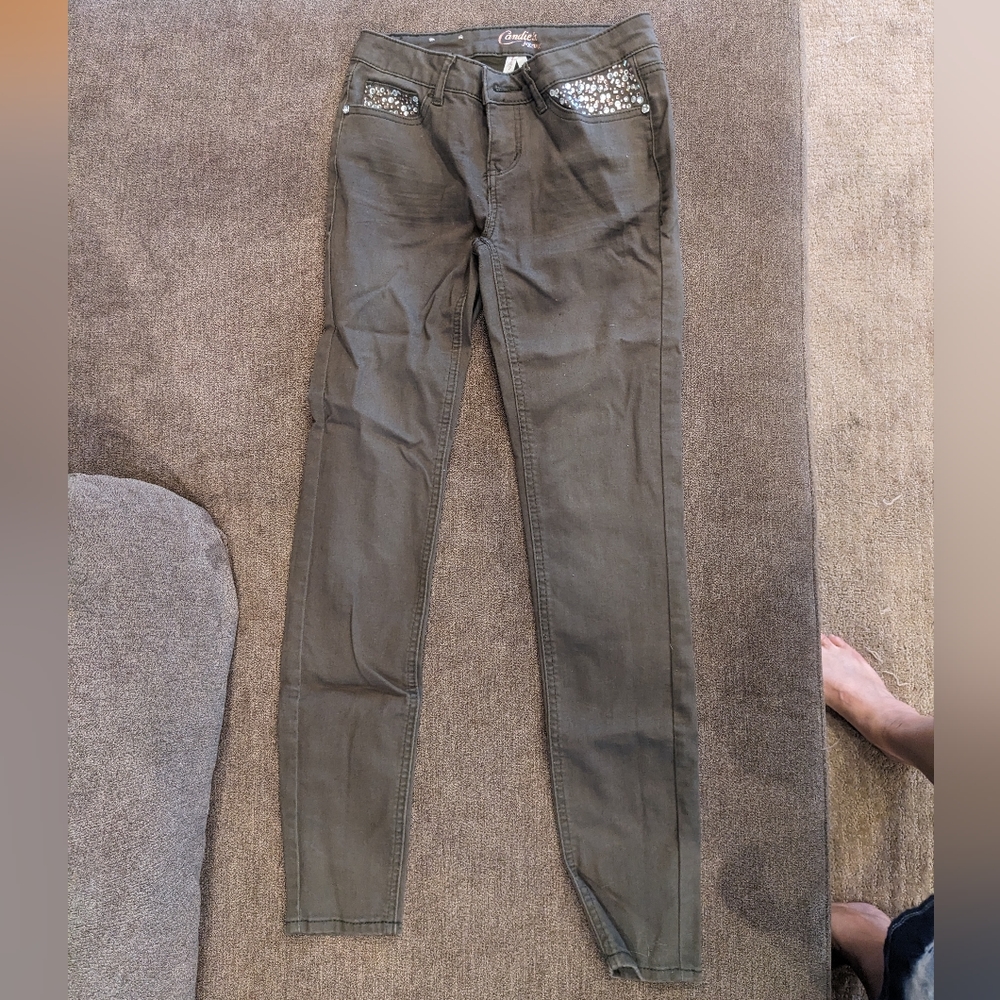 Candies leggings, olive green, size 0, beaded pocket detail